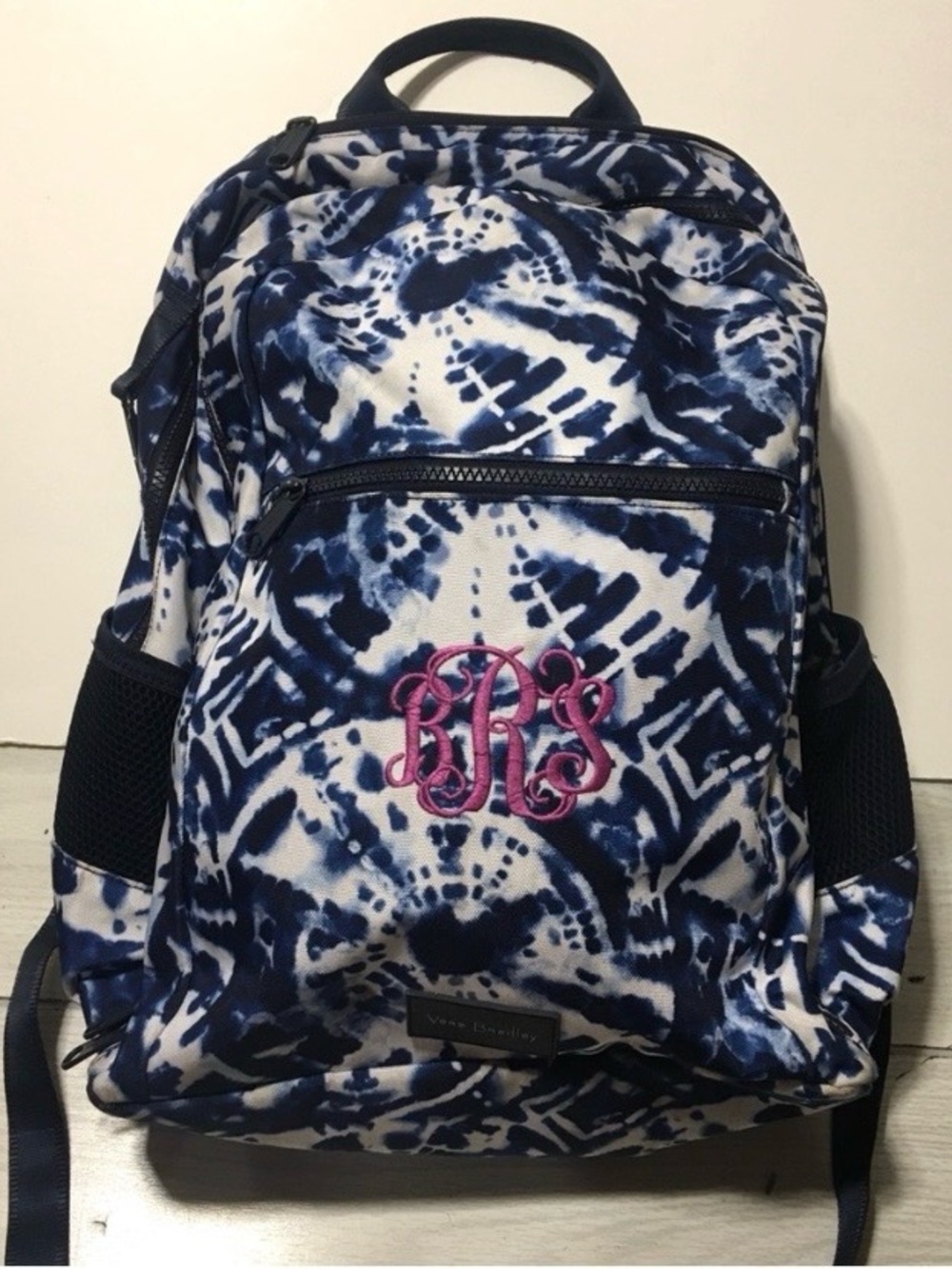 Vera Bradley Campus Backpack Blue White Tie Dye Laptop School Travel Bag Monogra